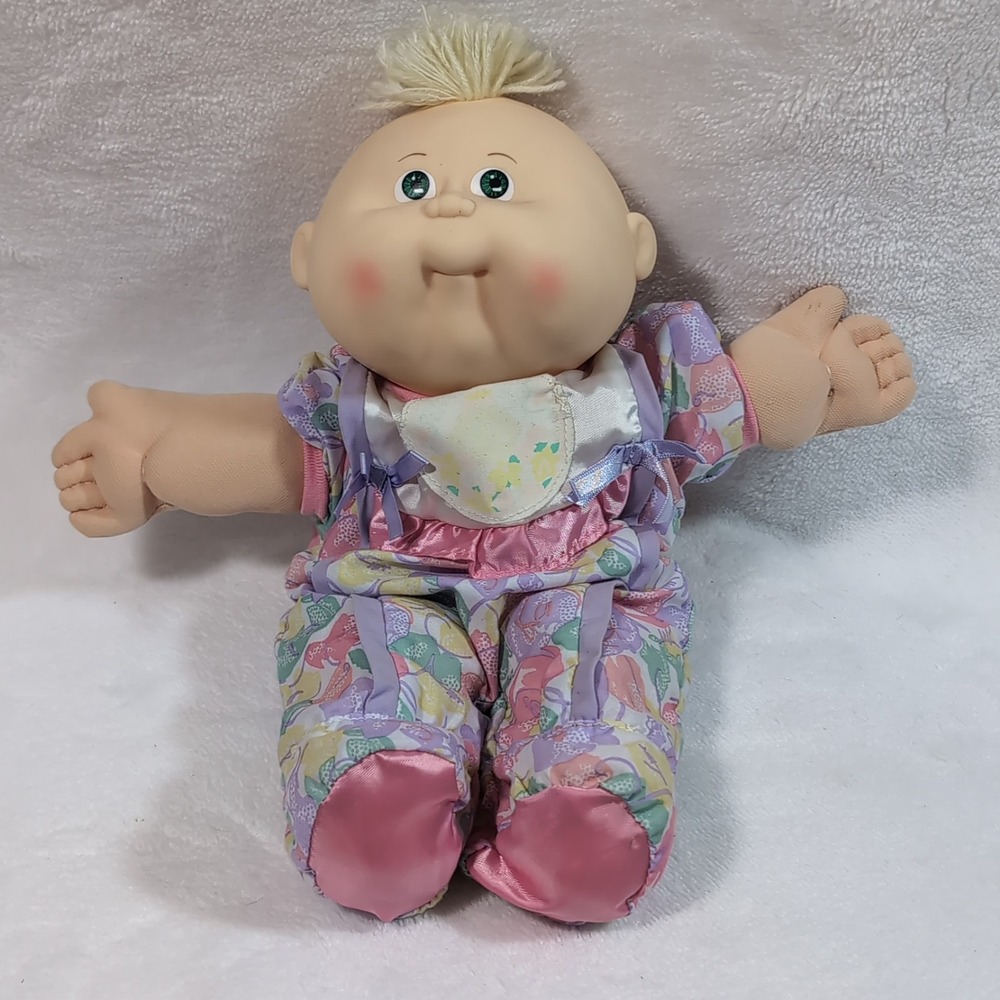 80s Hasbro Cabbage Patch Premie Doll Pink Floral Romper Green Eyes Blonde Hair